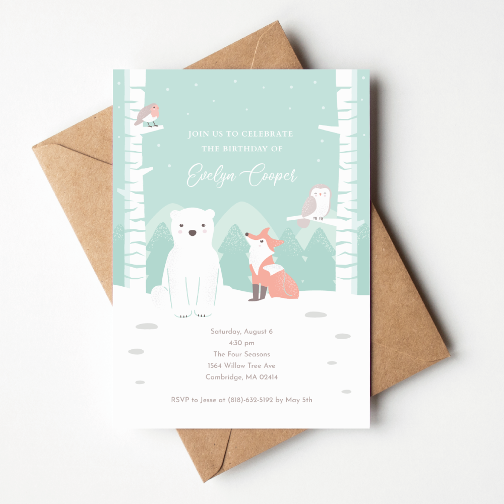 Cute winter themed woodland birthday invitation