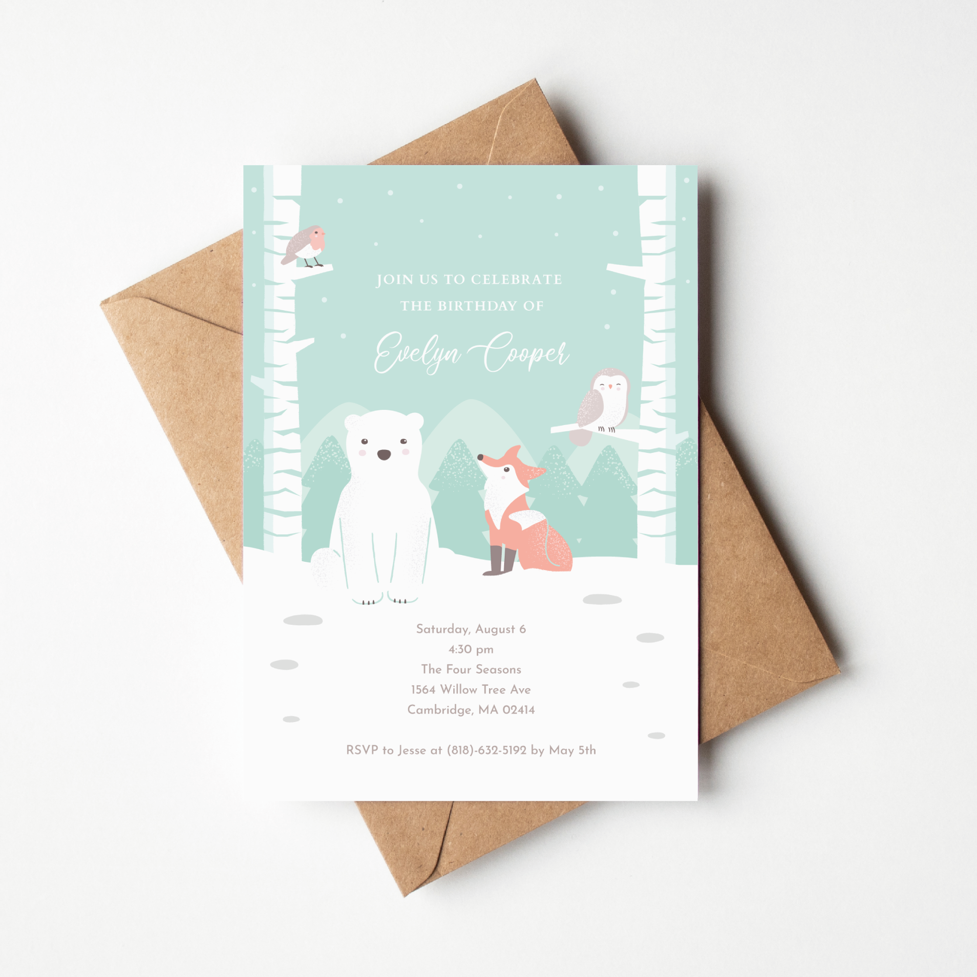 cute winter themed birthday party card invitation