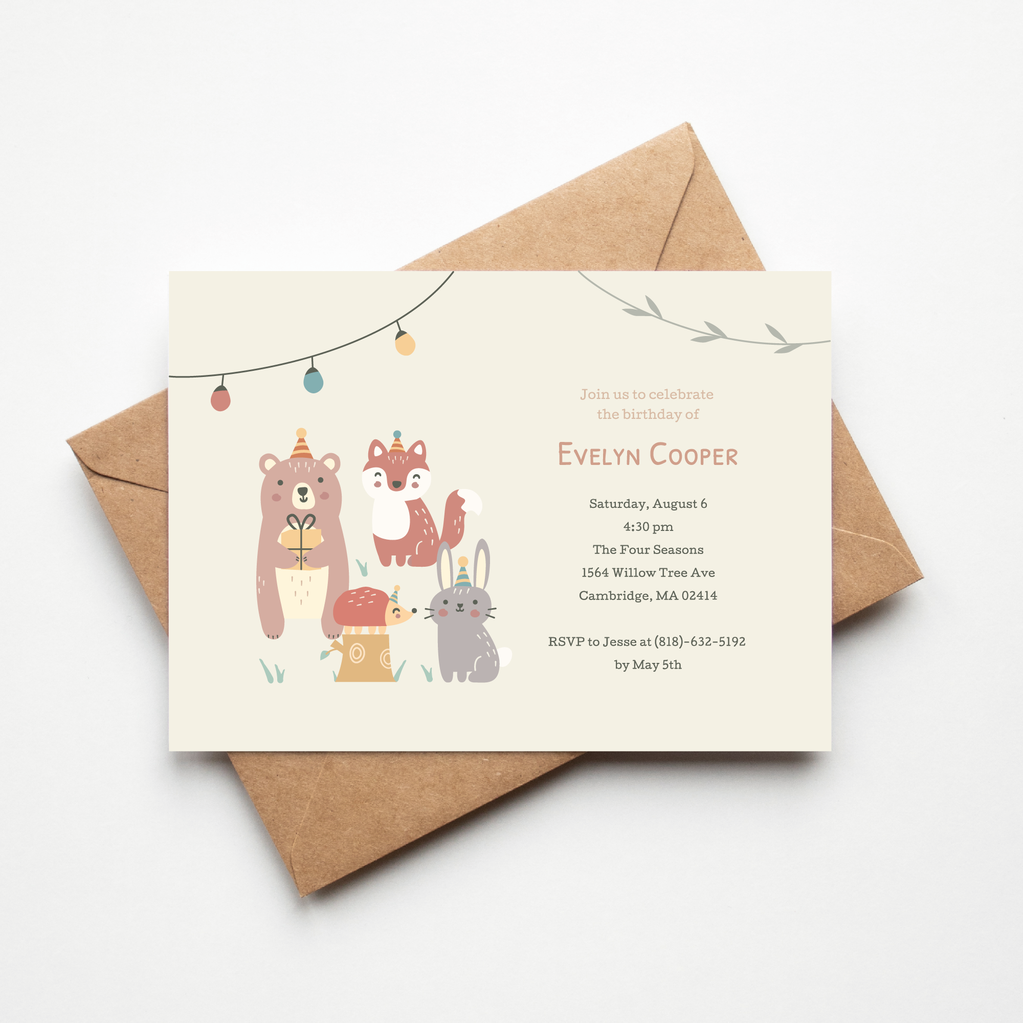 woodland animal theme birthday party invitation